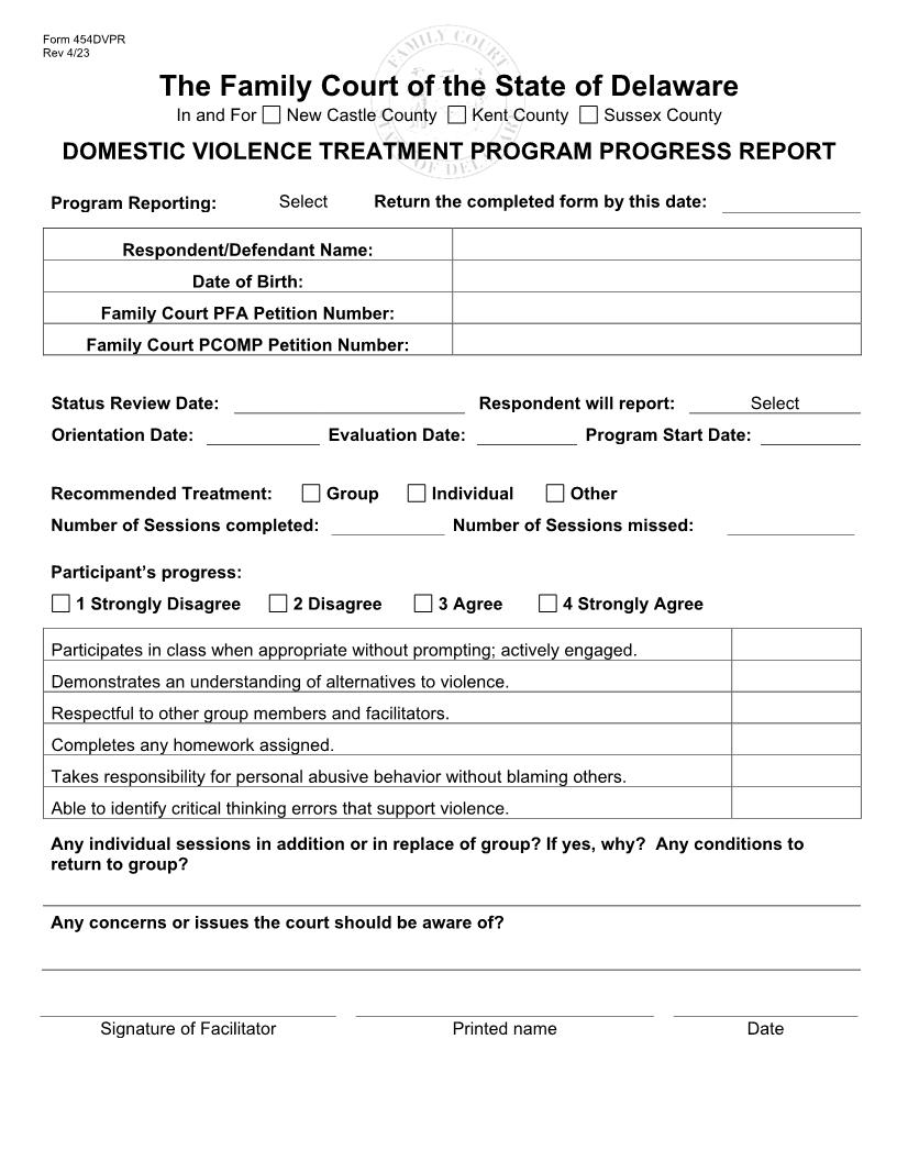 Domestic Violence Treatment Program Progress Report (454DVPR} | Pdf Fpdf Docx | Delaware