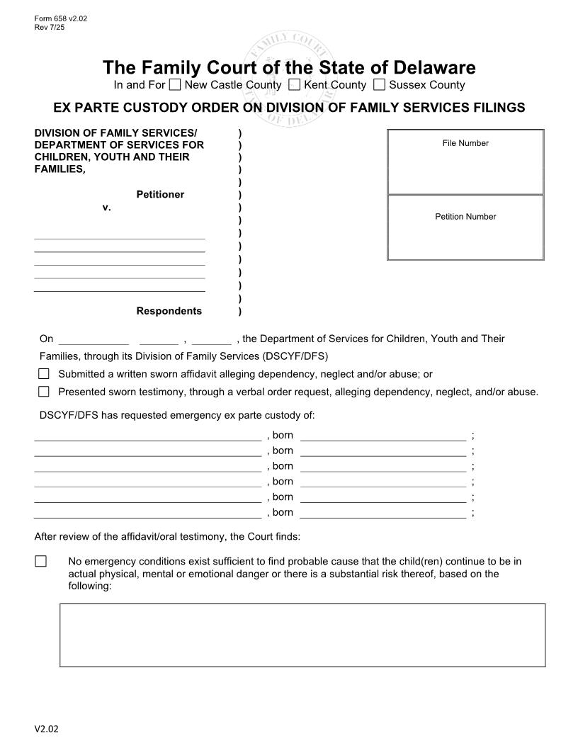 Ex Parte Custody Order-DFS Only {658} | Pdf Fpdf Docx | Delaware