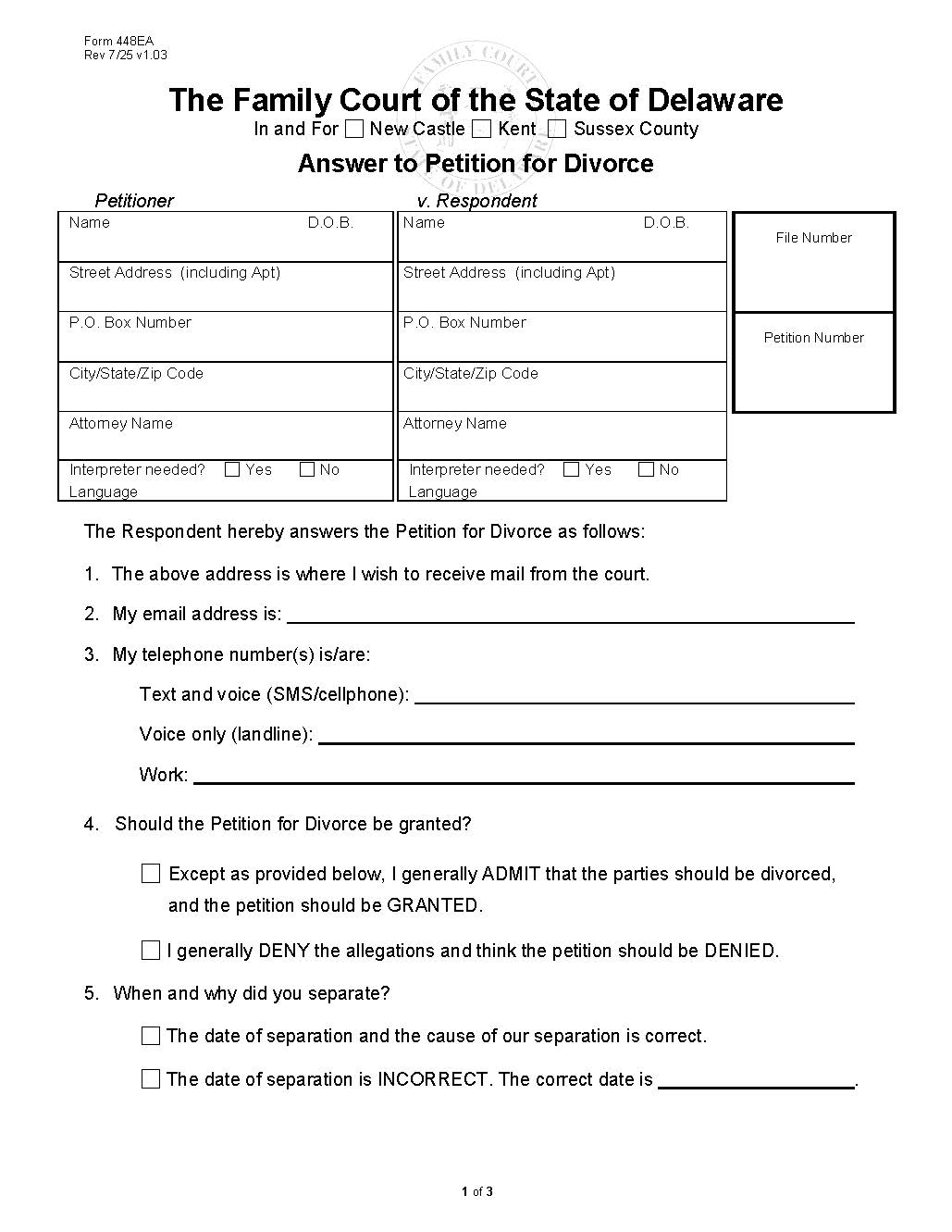 Expedited Divorce Answer {448EA} | Pdf Fpdf Docx | Delaware