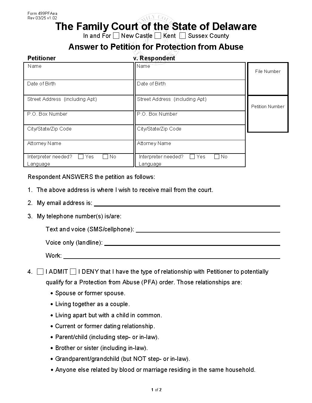 Expedited PFA Answer {499PFAea} | Pdf Fpdf Docx | Delaware