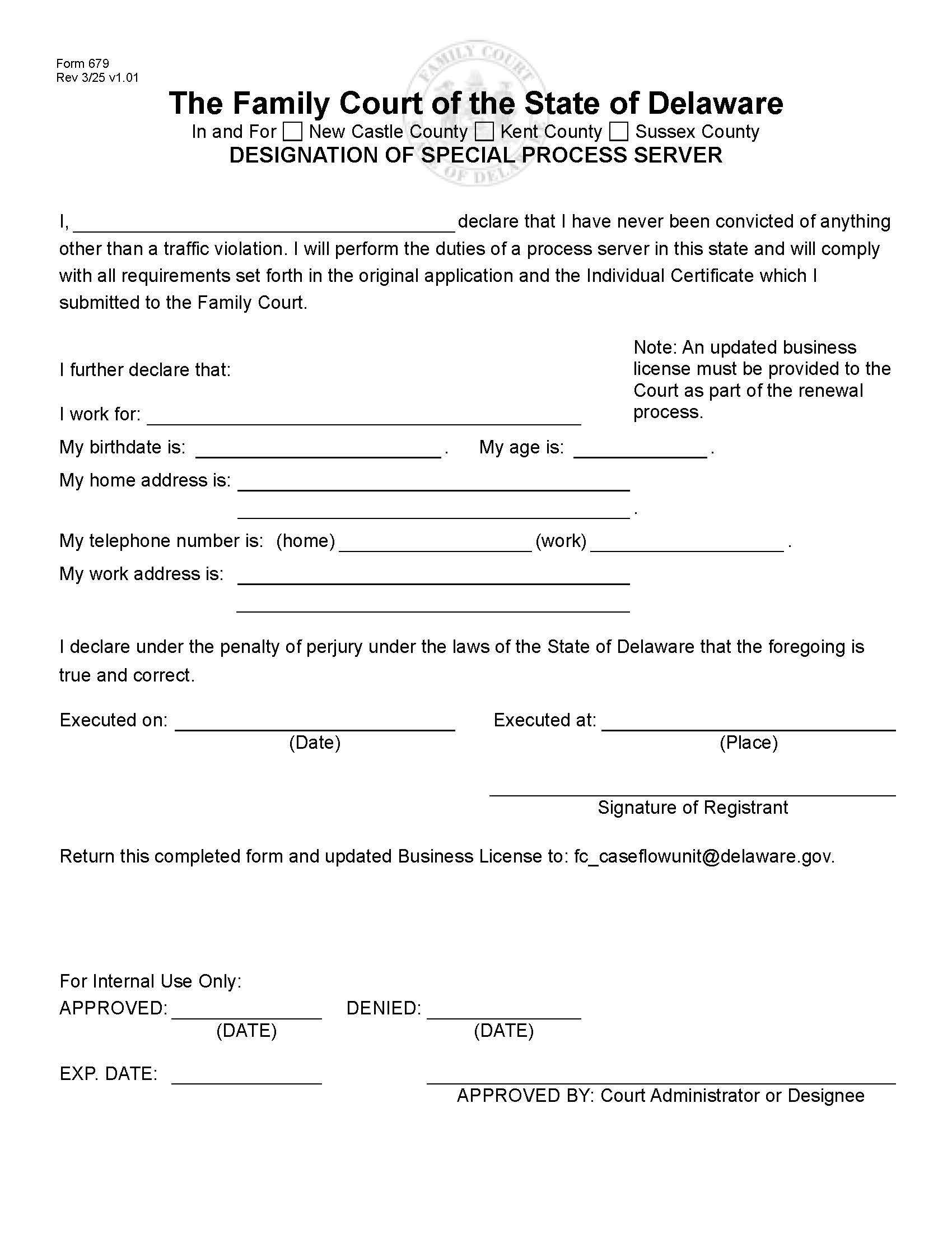 Family Court Special Process Server Renewal Form {679} | Pdf Fpdf Docx | Delaware