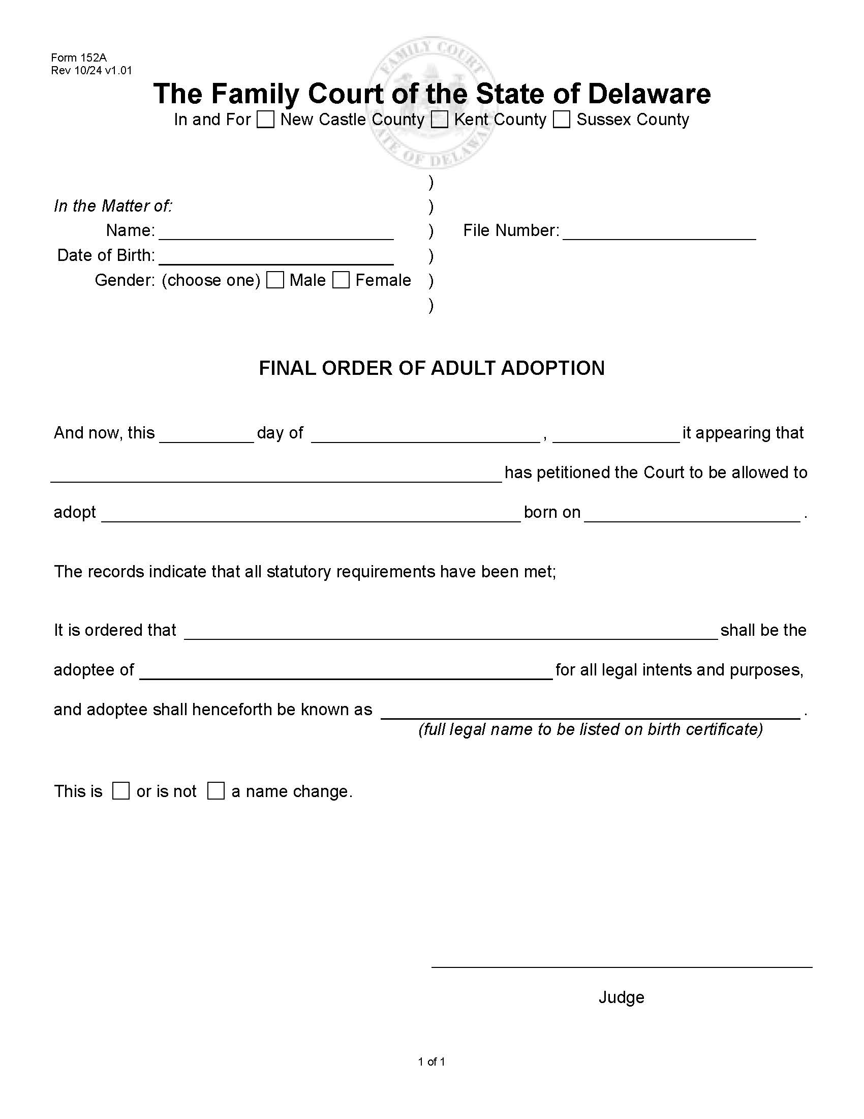 Final Order Of Adult Adoption {152A} | Pdf Fpdf Doc Docx | Delaware
