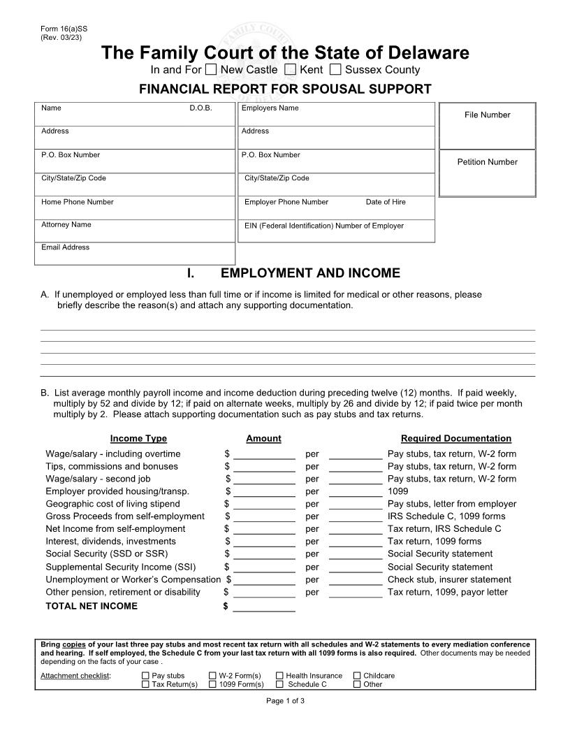 Financial Report For Spousal Support {16(a)SS} | Pdf Fpdf Doc Docx | Delaware