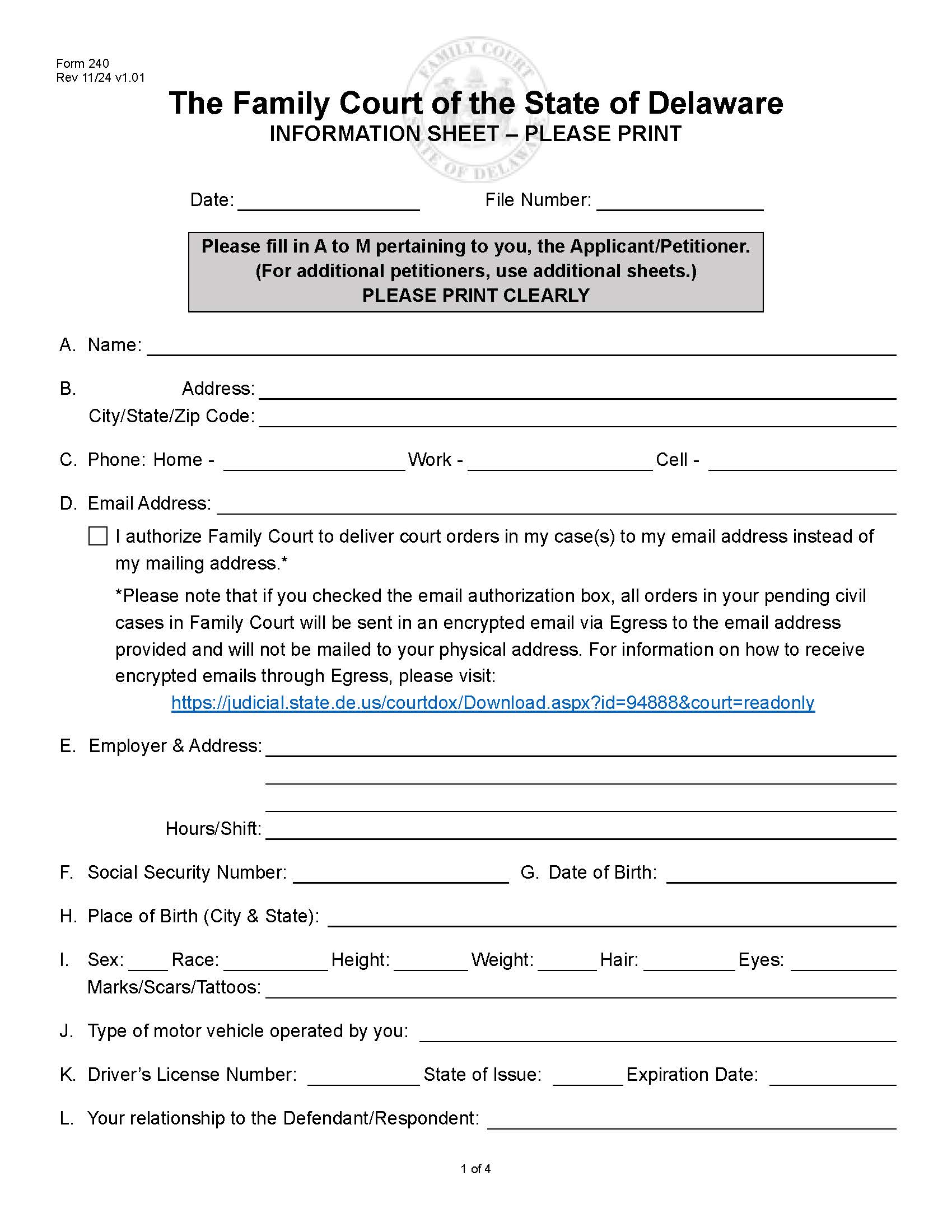 Information Sheet {240} | Pdf Fpdf Doc Docx | Delaware