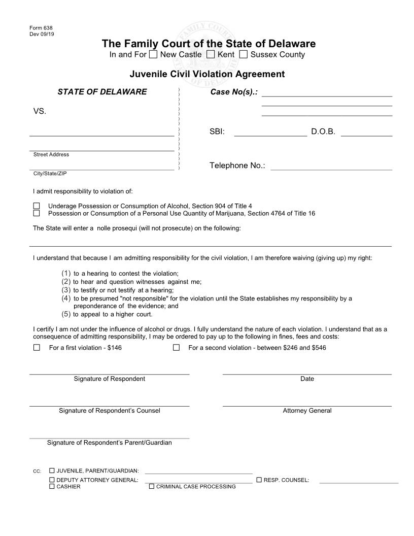 Juvenile Civil Violation Agreement {638} | Pdf Fpdf Docx | Delaware