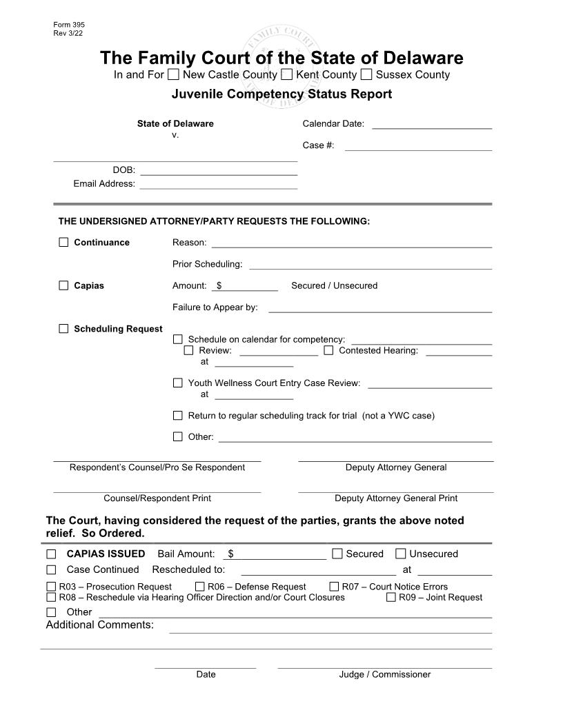 Juvenile Competency Status Report {395} | Pdf Fpdf Docx | Delaware