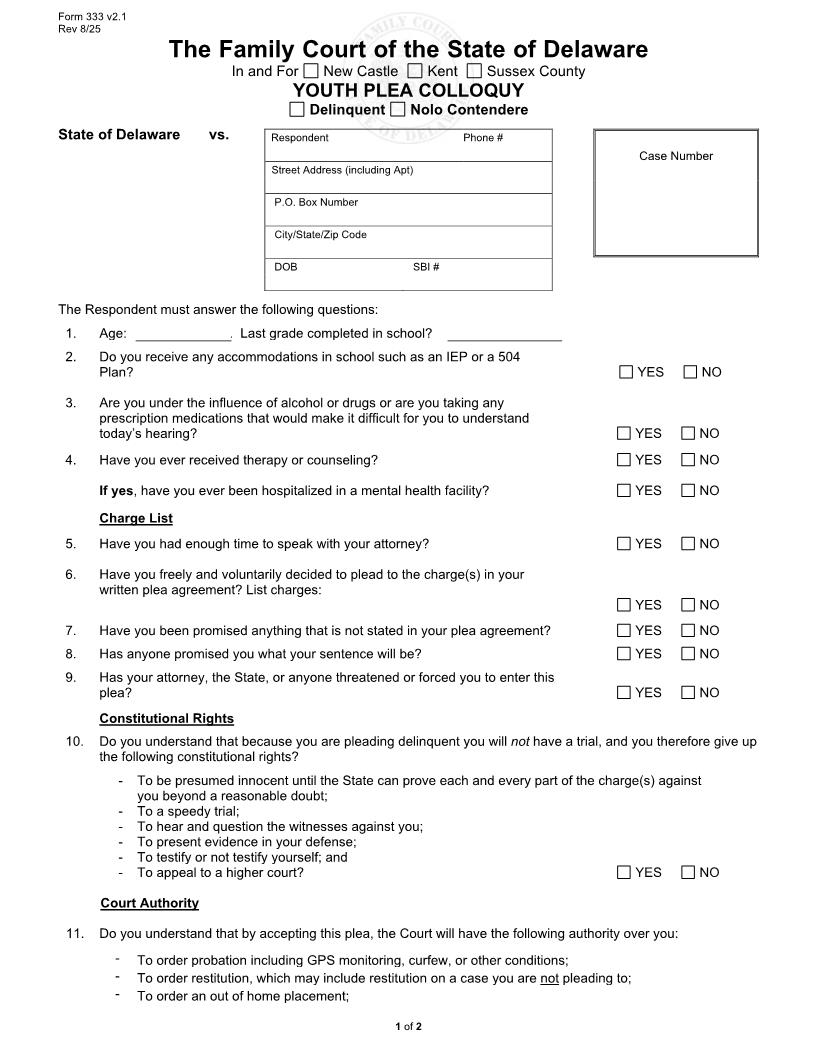 Juvenile Plea Colloquy {333} | Pdf Fpdf Docx | Delaware