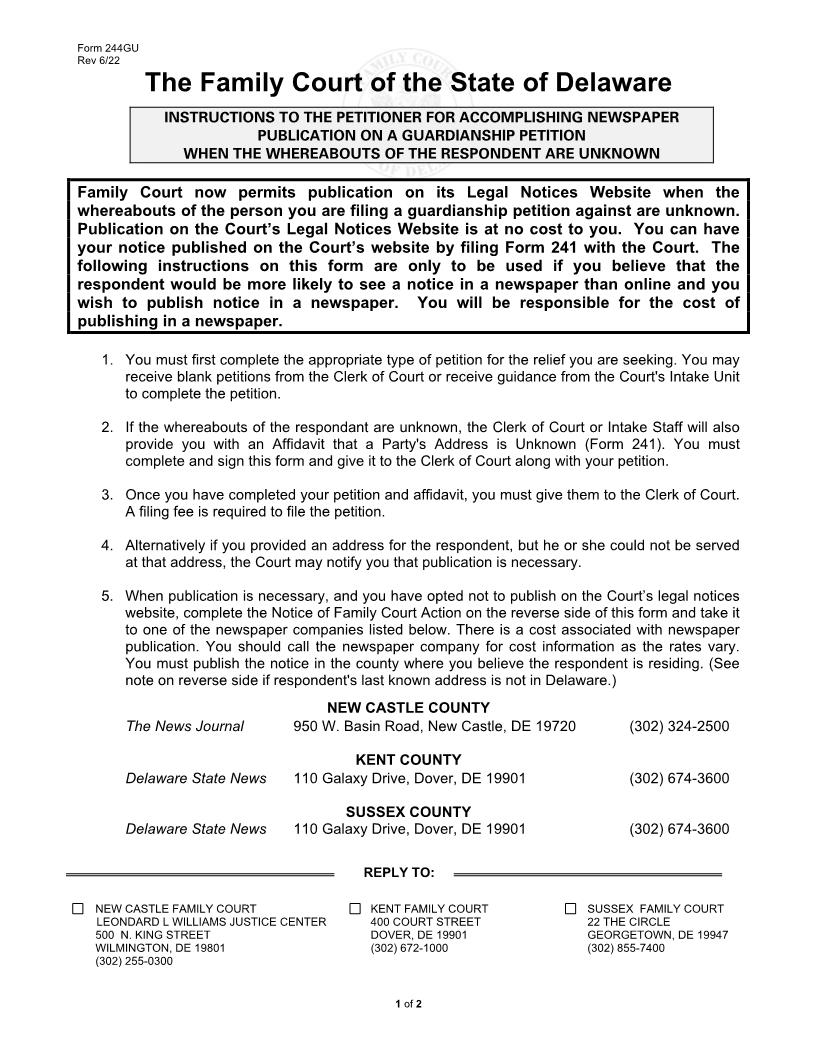 Litigant Instructions For Publication Guardianship {244GU} | Pdf Fpdf Docx | Delaware