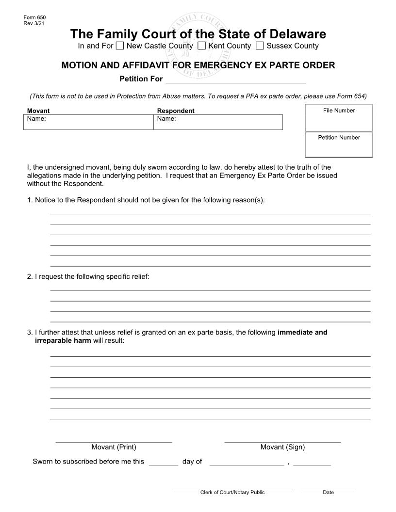Motion And Affidavit For Emergency Ex Parte Order {650} | Pdf Fpdf Doc Docx | Delaware