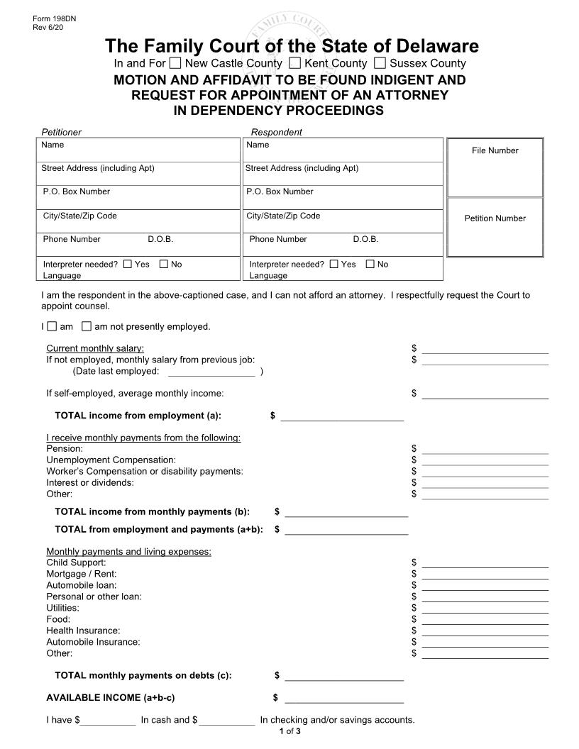 Motion And Affidavitt To Be Found Indigent And Request For Appointment {198DN} | Pdf Fpdf Doc Docx | Delaware