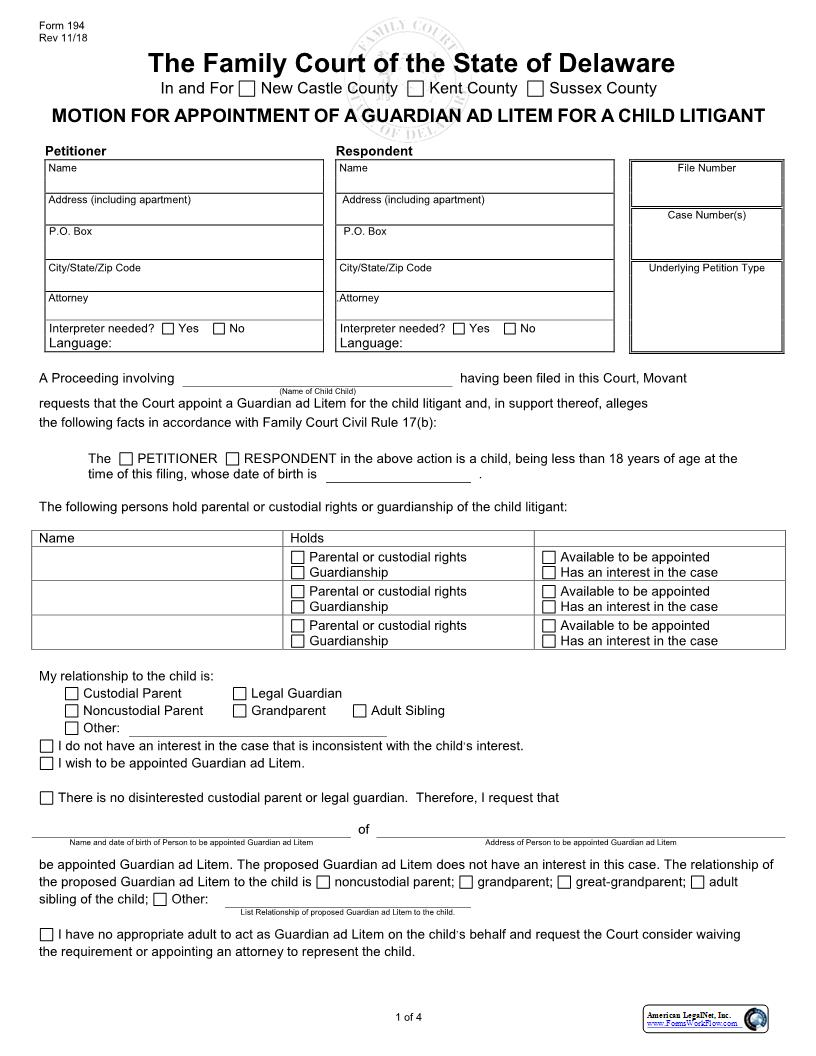 Motion For Appointment Of A Guardian Ad Litem For A Minor Litigant {194} | Pdf Fpdf Docx | Delaware