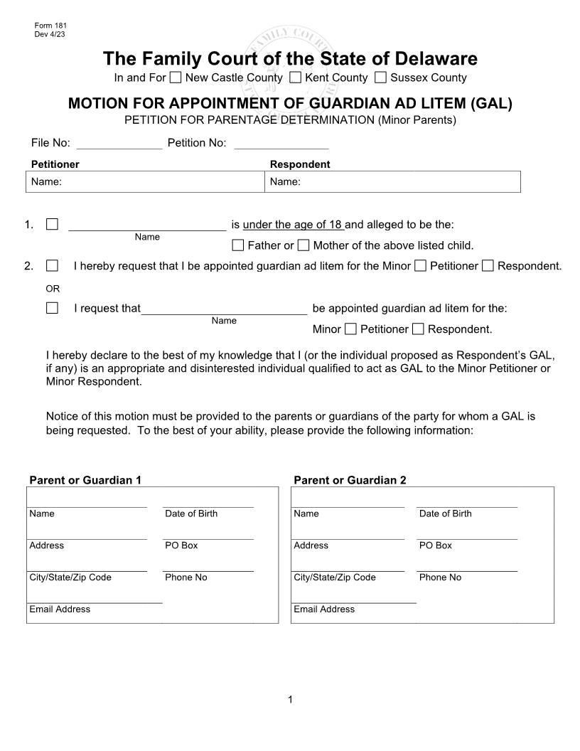 Motion For Guardian Ad Litem (GAL) Appointment-Minor Parents {181} | Pdf Fpdf Docx | Delaware