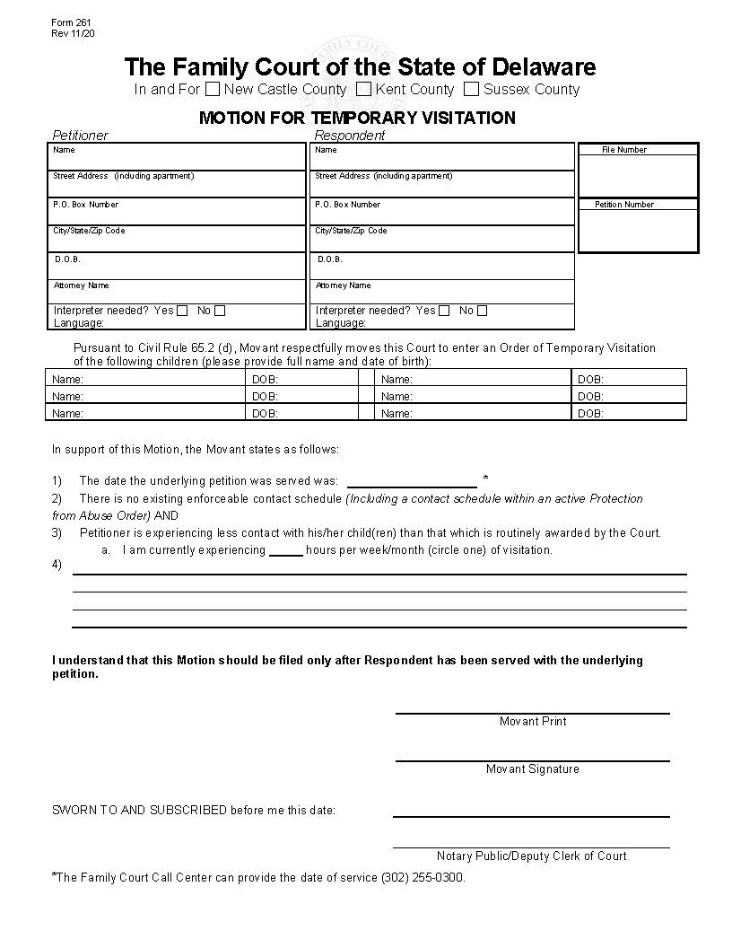 Motion For Temporary Visitation {261} | Pdf Fpdf Doc Docx | Delaware