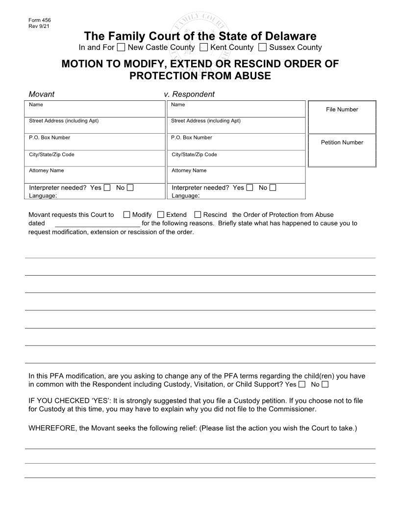 Motion To Modify, Extend Or Vacate Order Of Protection From Abuse {456} | Pdf Fpdf Doc Docx | Delaware