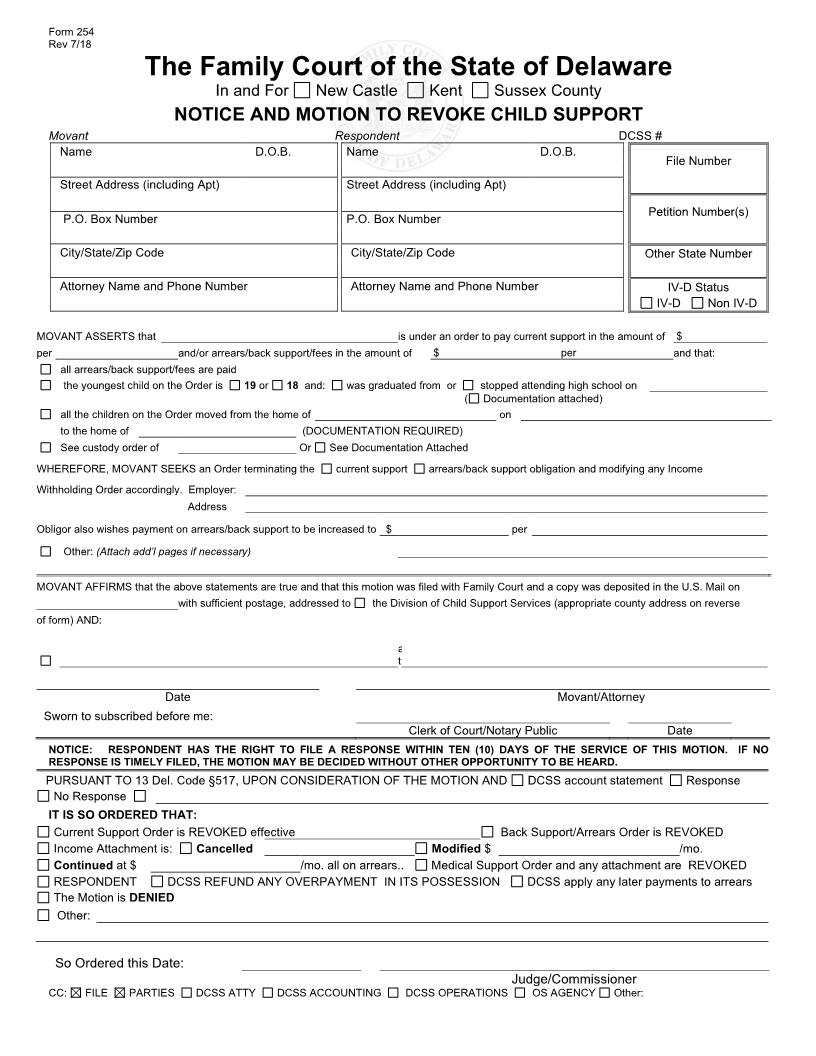 Notice And Motion To Revoke Child Support {254} | Pdf Fpdf Doc Docx | Delaware