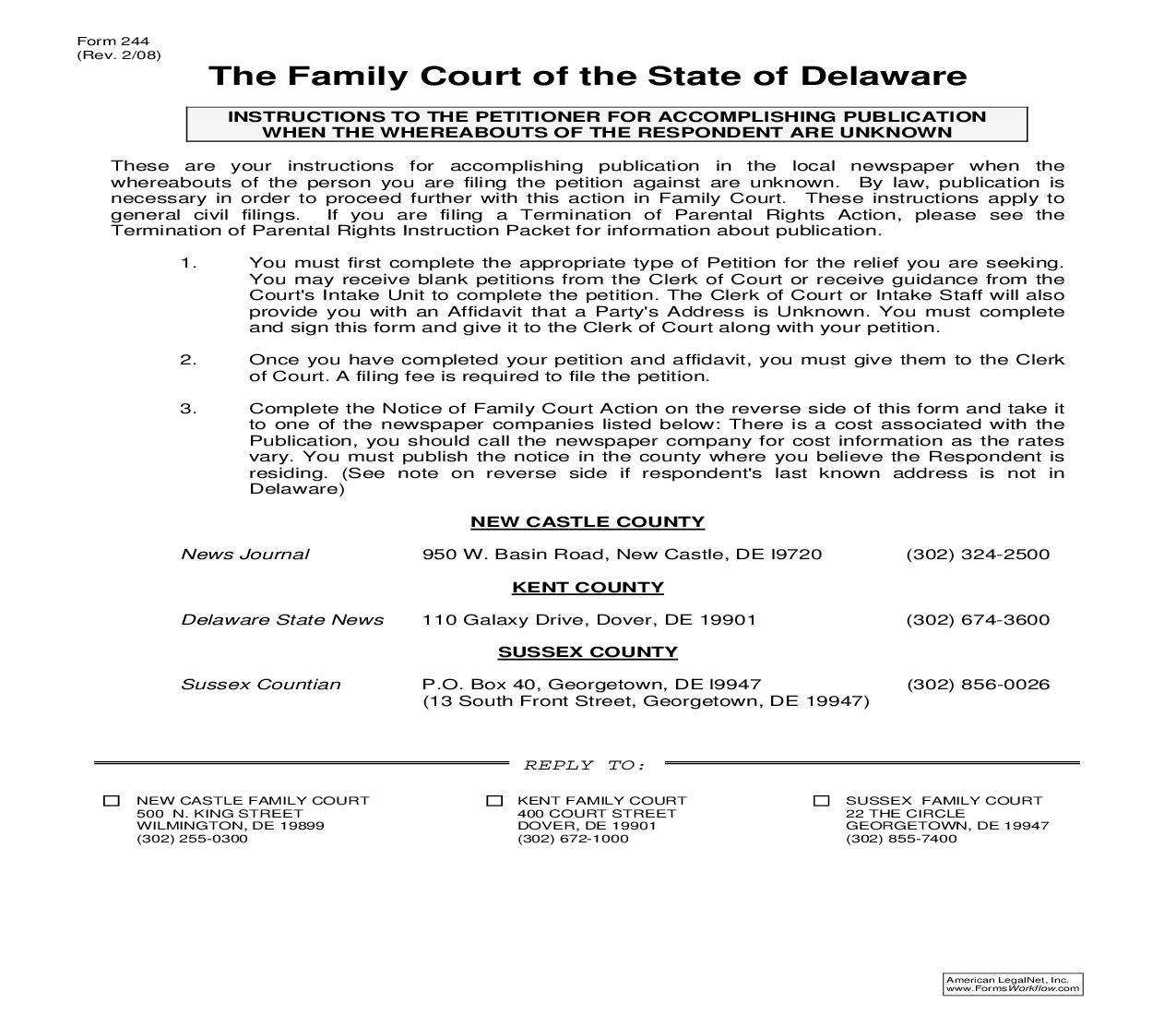 Notice Of Family Court Action (Whereabouts Of The Respondent Are Unknown) {244} |  | Delaware