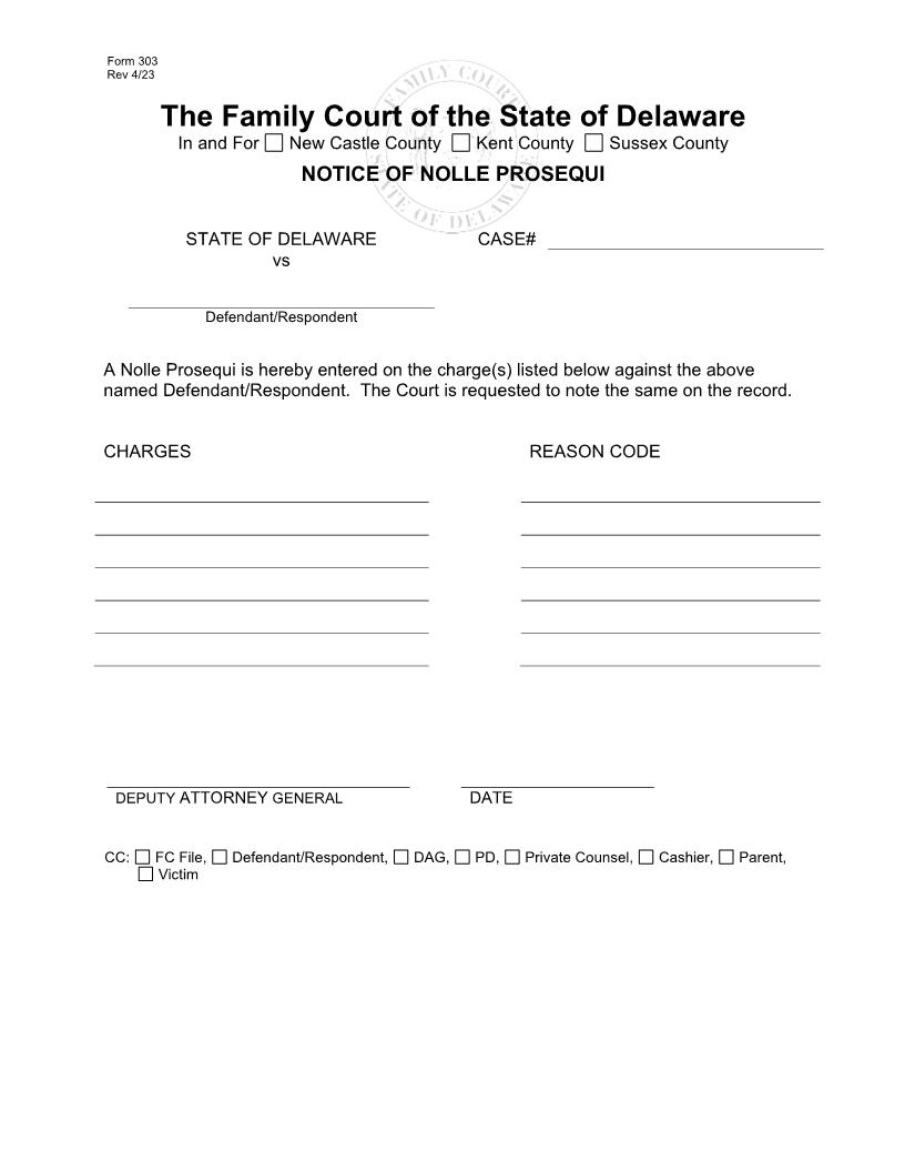 Notice Of Nolle Prosequi {303} | Pdf Fpdf Docx | Delaware