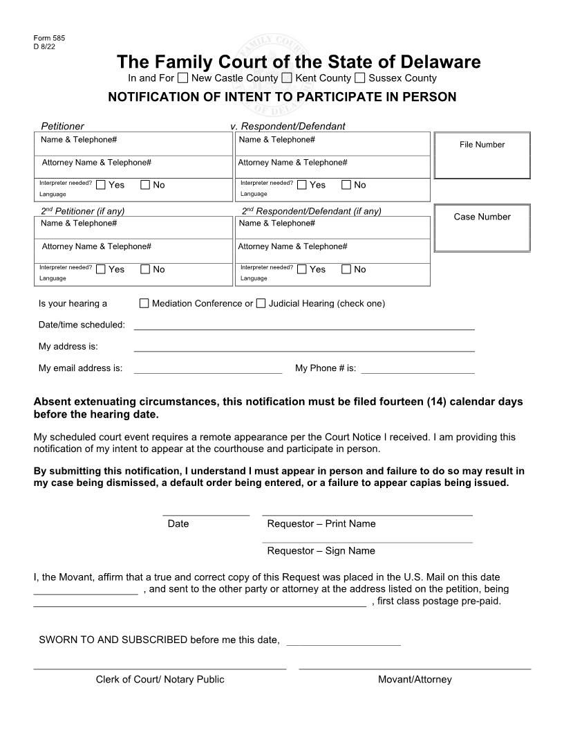 Notification Of Intent To Participate In Person {585} | Pdf Fpdf Docx | Delaware