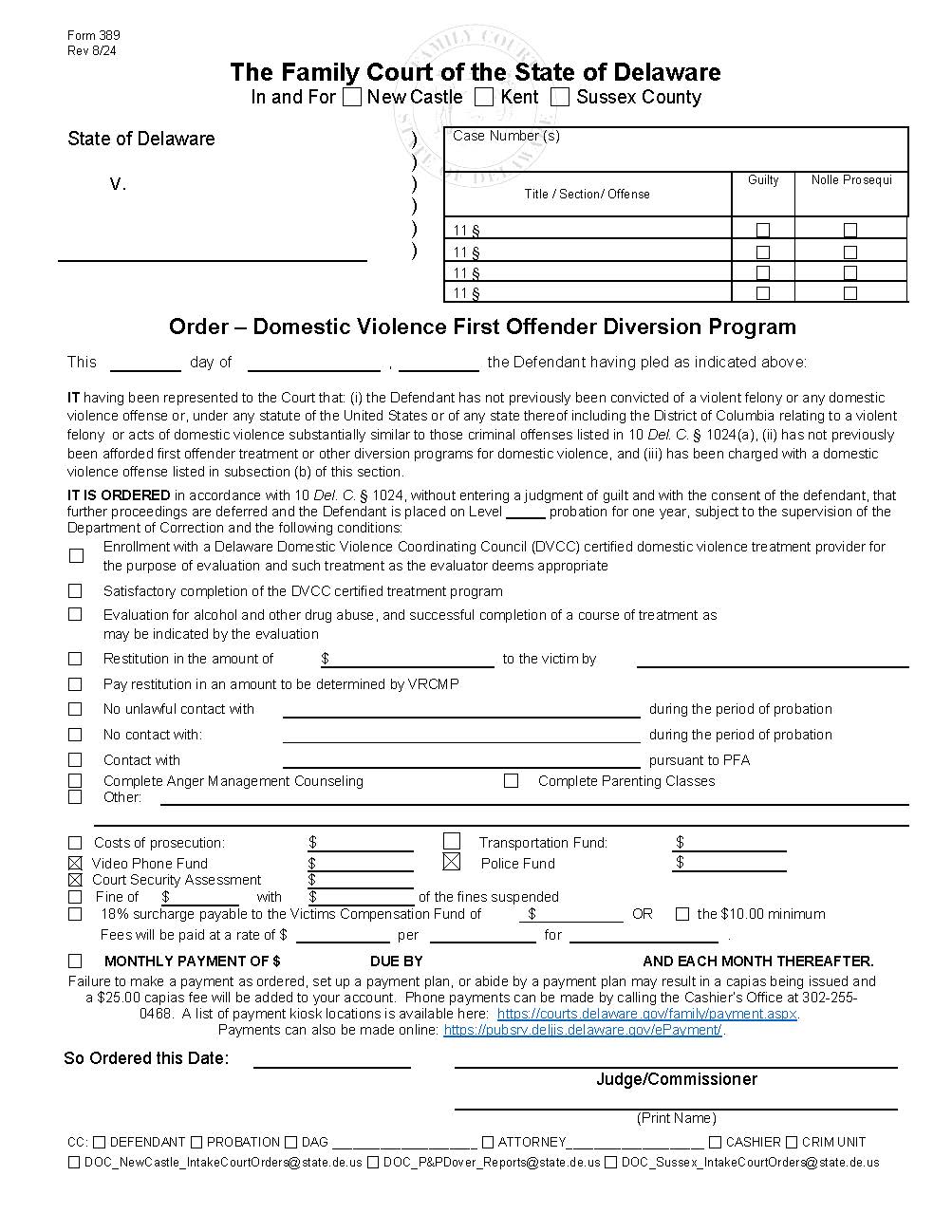 Order Domestic Violence First Offender Diversion Program {389} | Pdf Fpdf Docx | Delaware