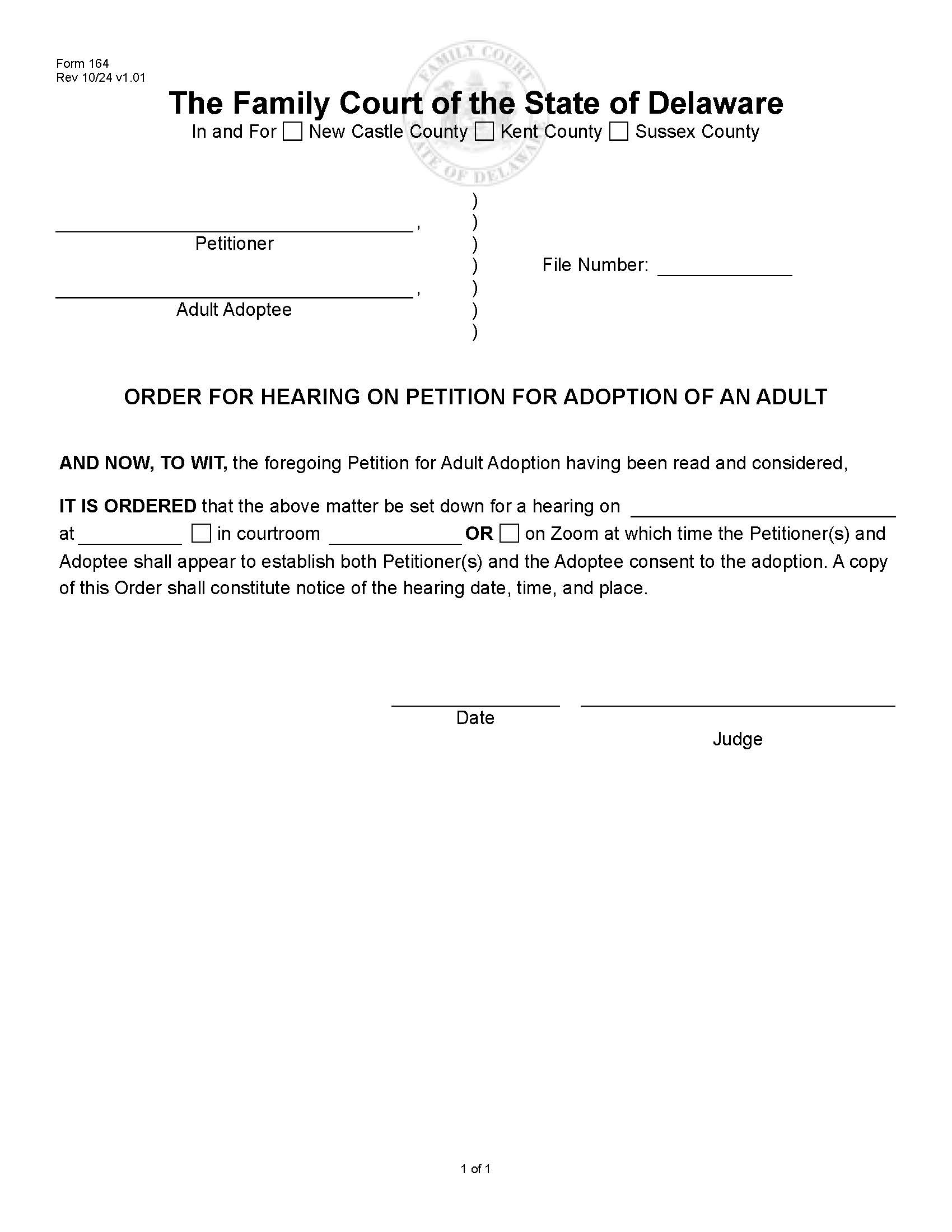 Order For Hearing On Petition For Adoption Of And Adult {164} | Pdf Fpdf Docx | Delaware