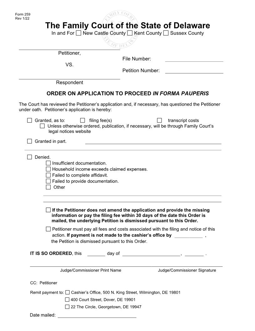 Order On Application To Proceed In Forma Pauperis {259} | Pdf Fpdf Docx | Delaware