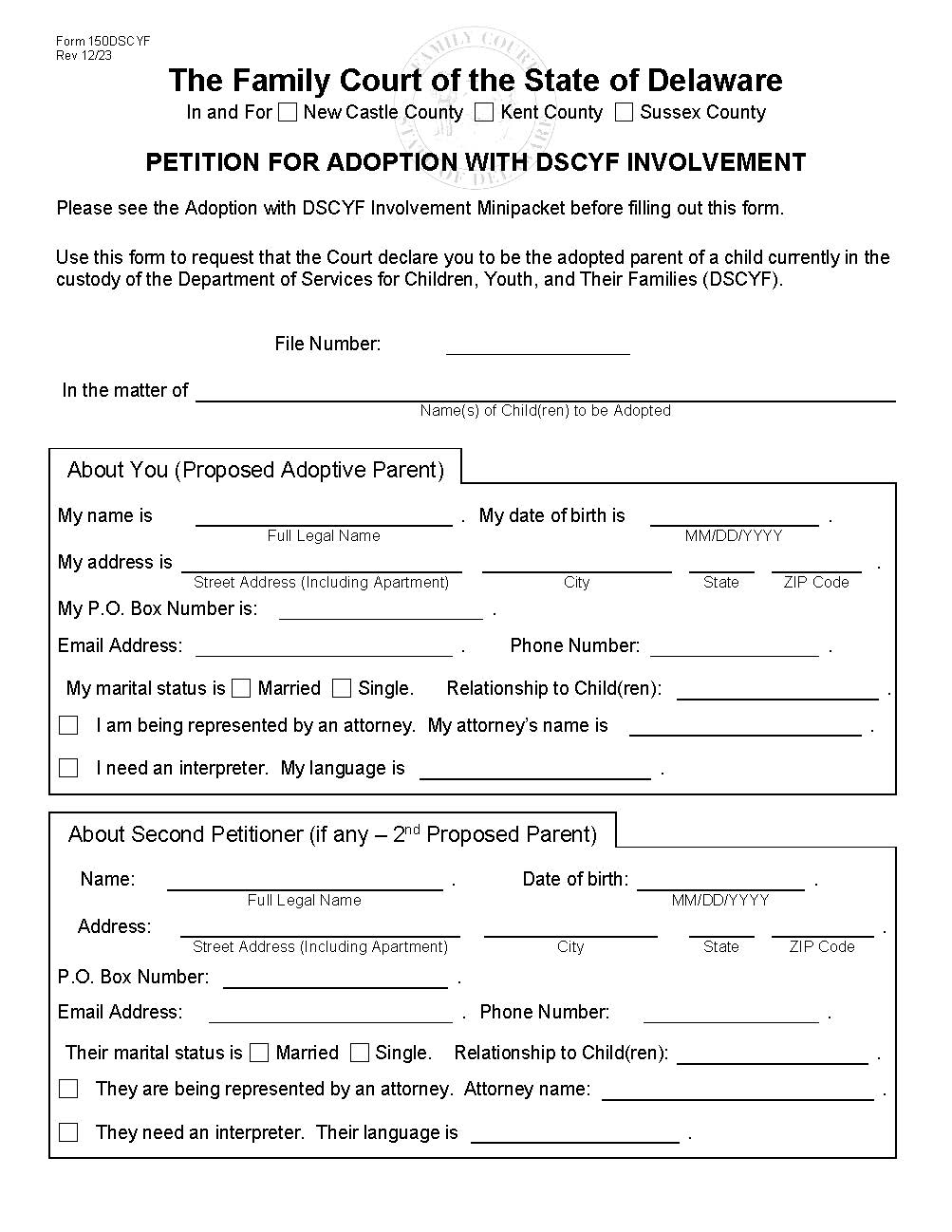 Petition For Adoption With DSCYF Involvement {150DSCYF} | Pdf Fpdf Docx | Delaware