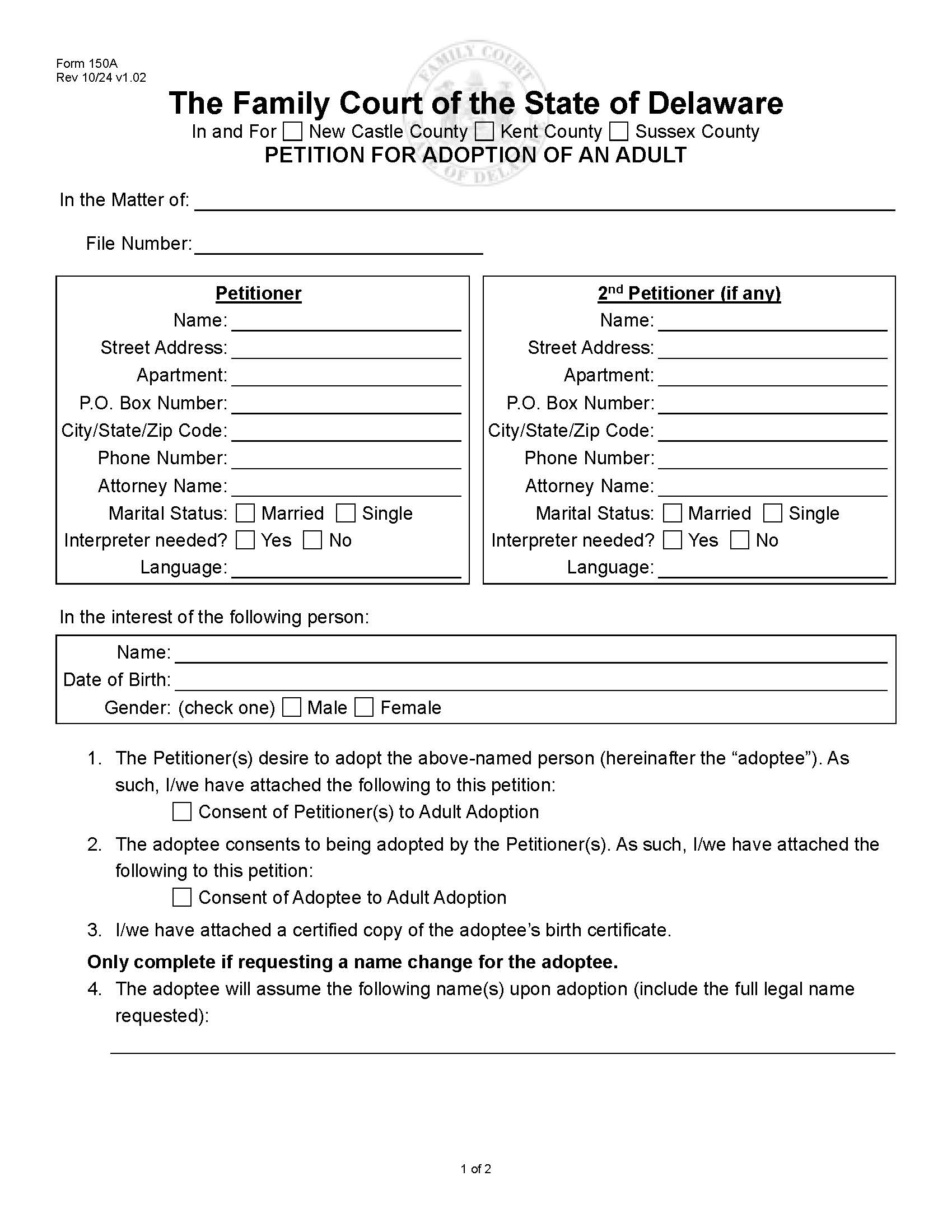 Petition For Adult Adoption {150A} | Pdf Fpdf Doc Docx | Delaware