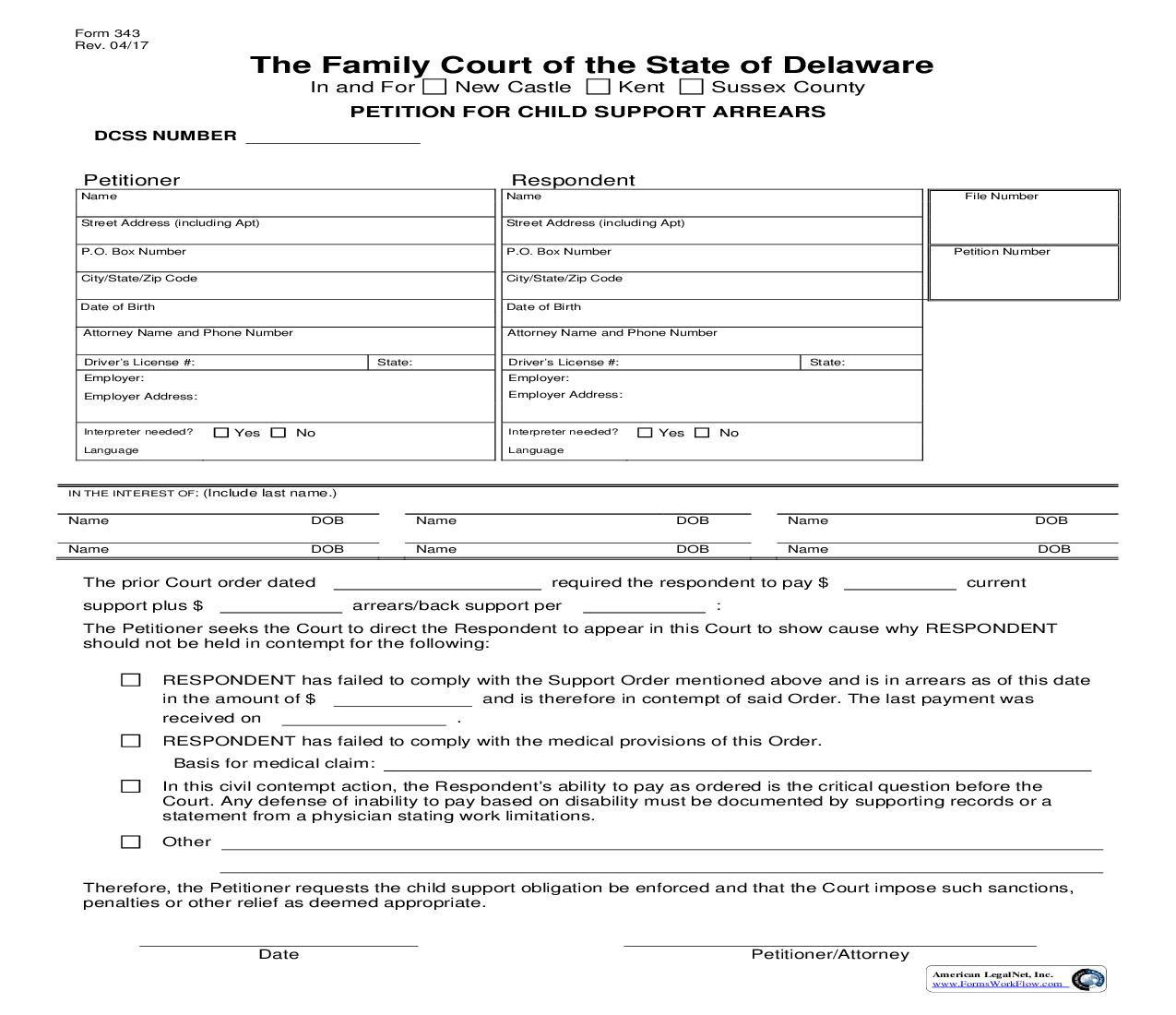 Petition For Child Support Arrears {343} | Pdf Fpdf Doc Docx | Delaware
