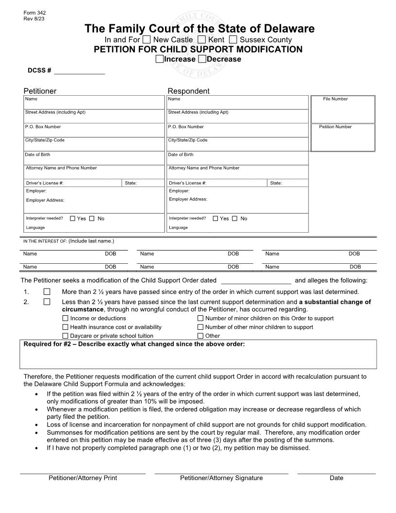 Petition For Child Support Modification {342} | Pdf Fpdf Doc Docx | Delaware