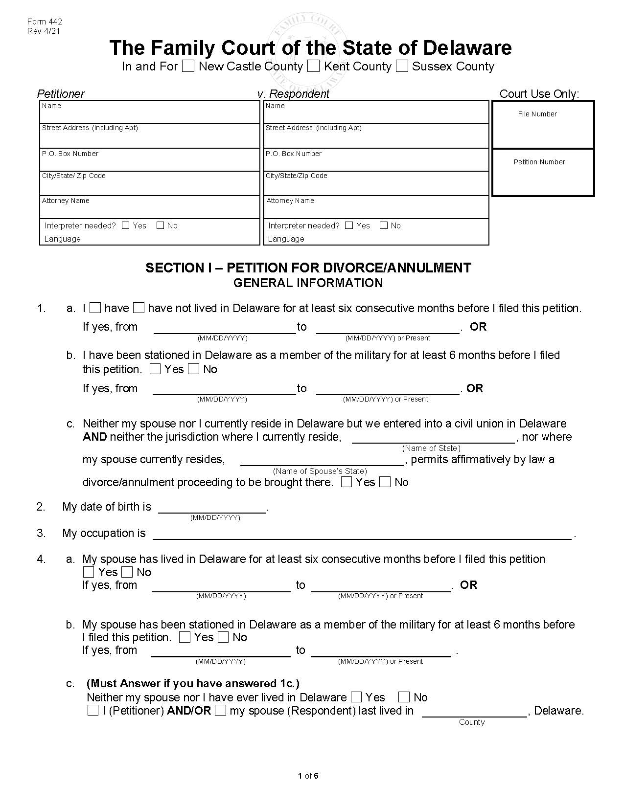 Petition For Divorce Or Annulment - General Information {442} | Pdf Fpdf Doc Docx | Delaware