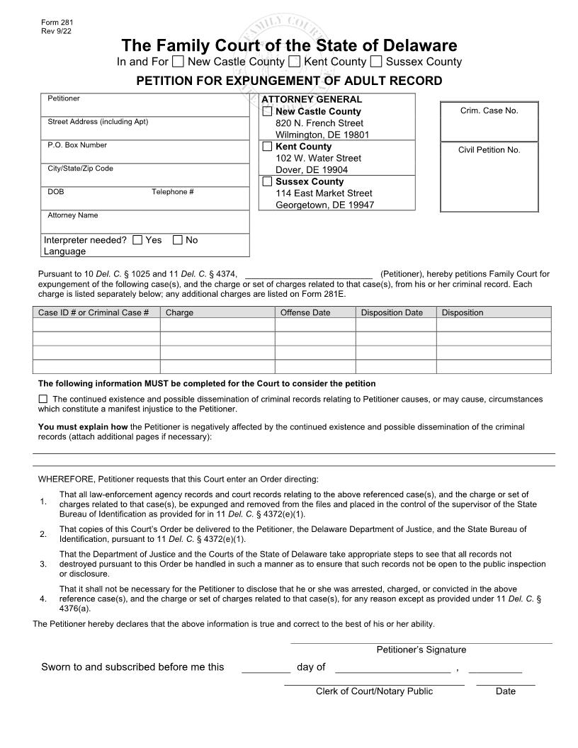 Petition For Expungement Of Adult Record {281} | Pdf Fpdf Docx | Delaware