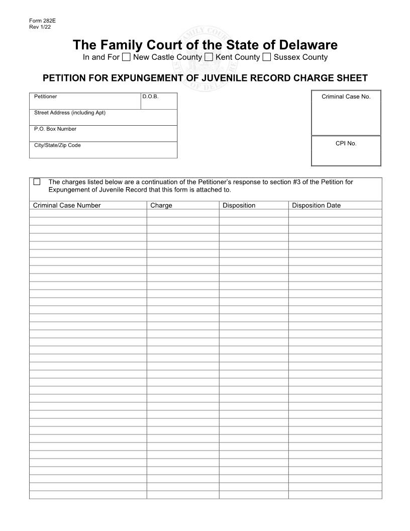 Petition For Expungement Of Juvenile Record Charge Sheet {282E} | Pdf Fpdf Doc Docx | Delaware