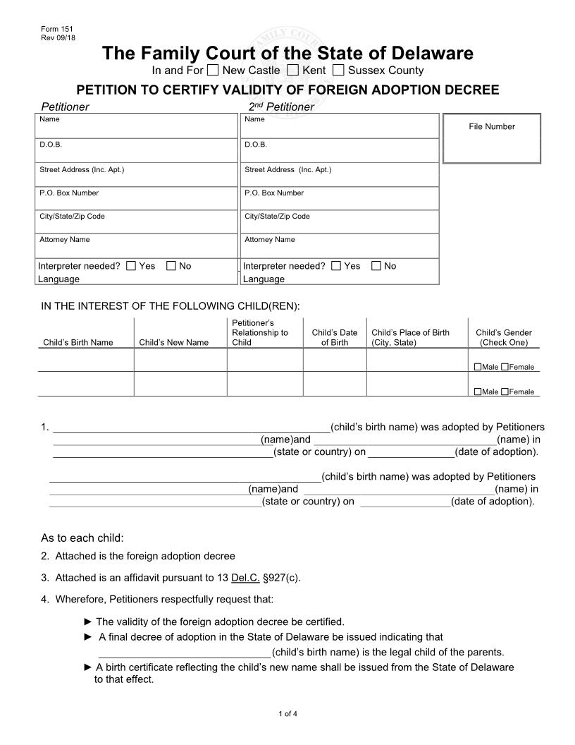 Petition For Foreign Adoption {151} | Pdf Fpdf Doc Docx | Delaware