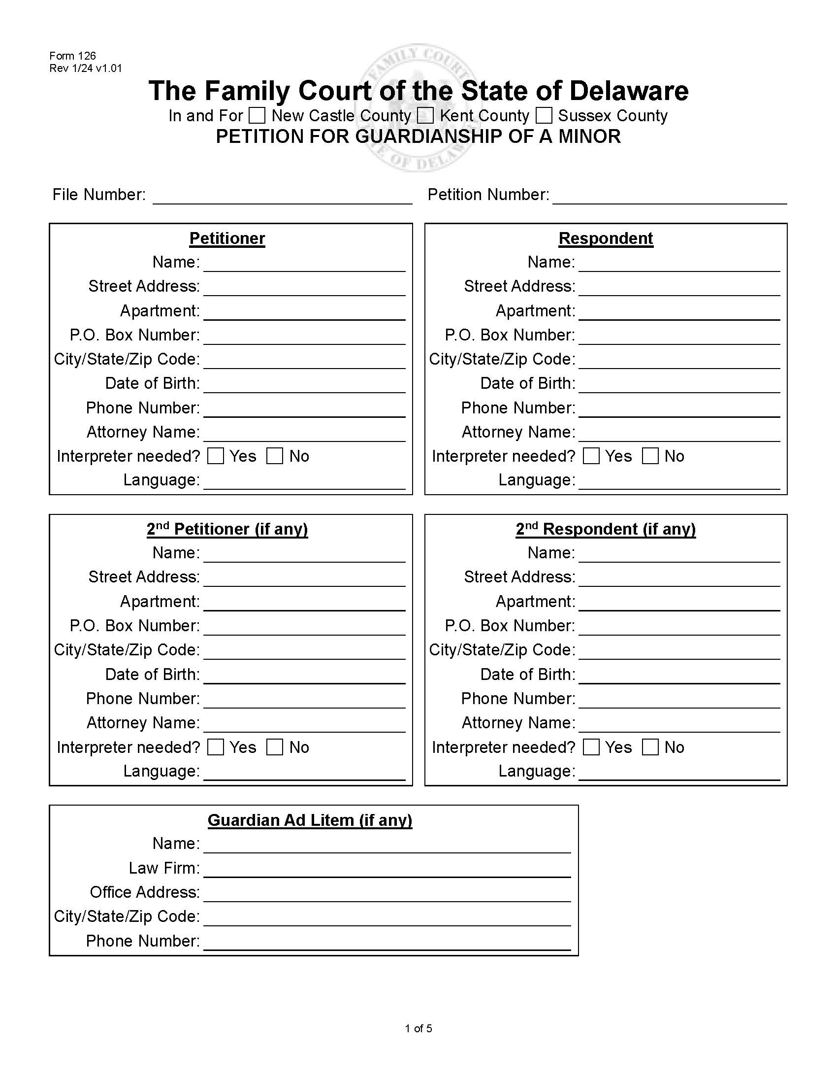 Petition For Guardianship Of A Minor {126} | Pdf Fpdf Doc Docx | Delaware