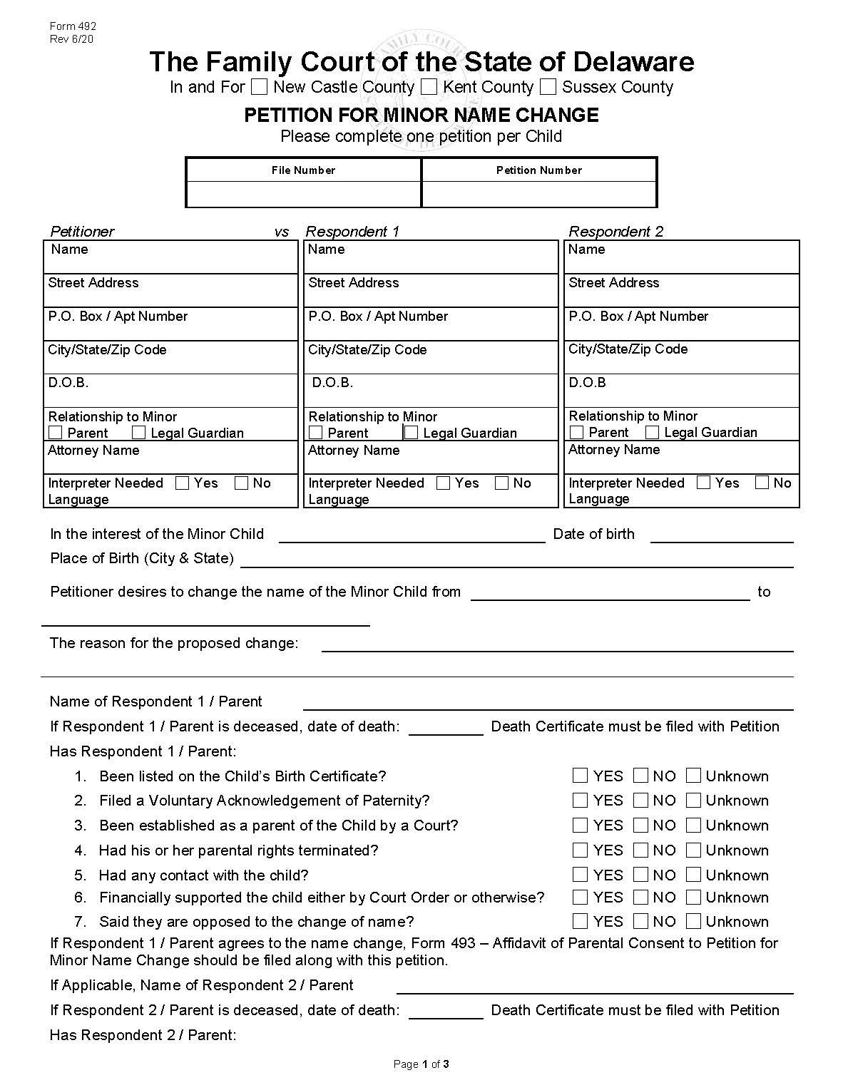 Petition For Minor Name Change {492} | Pdf Fpdf Docx | Delaware