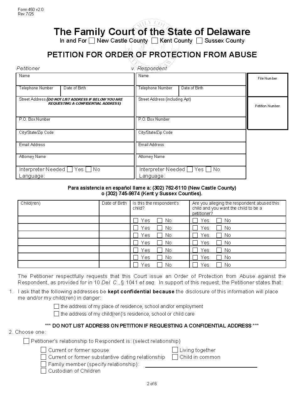 Petition For Order Of Protection From Abuse {450} | Pdf Fpdf Docx | Delaware