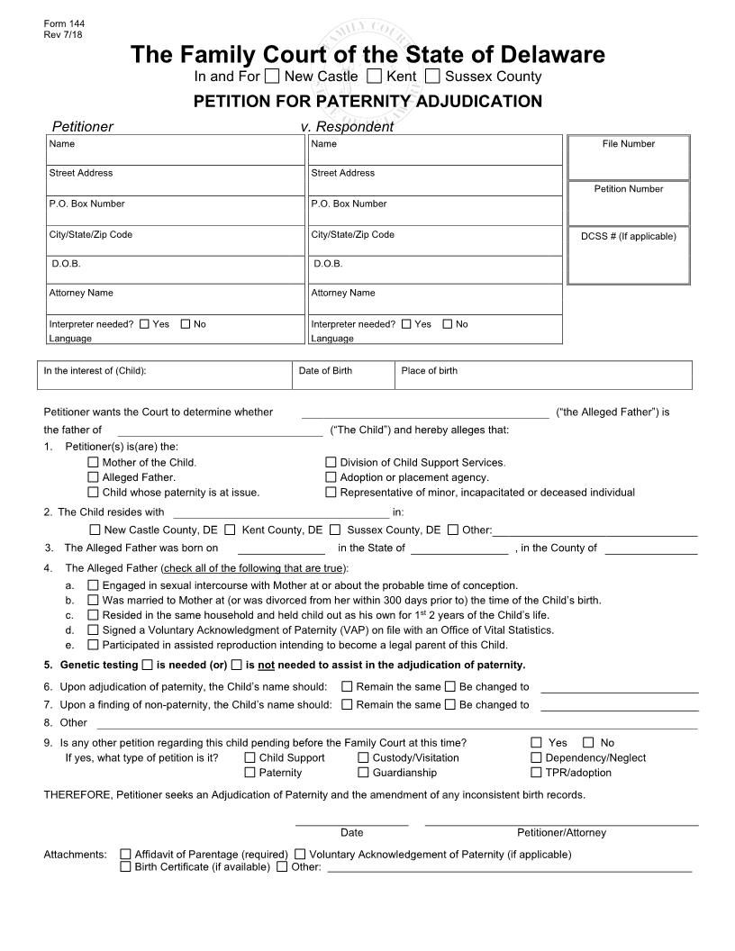 Petition For Parentage Determination {144} | Pdf Fpdf Doc Docx | Delaware