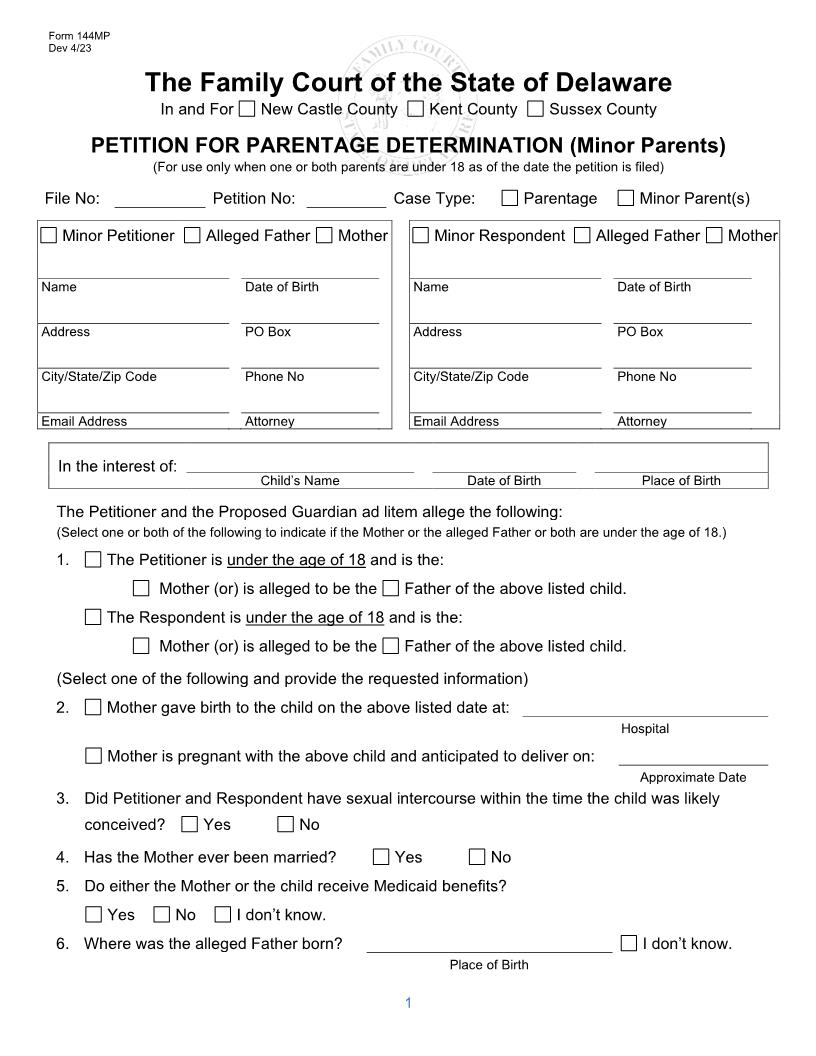 Petition For Parentage Determination For Minor Parents {144MP} | Pdf Fpdf Docx | Delaware