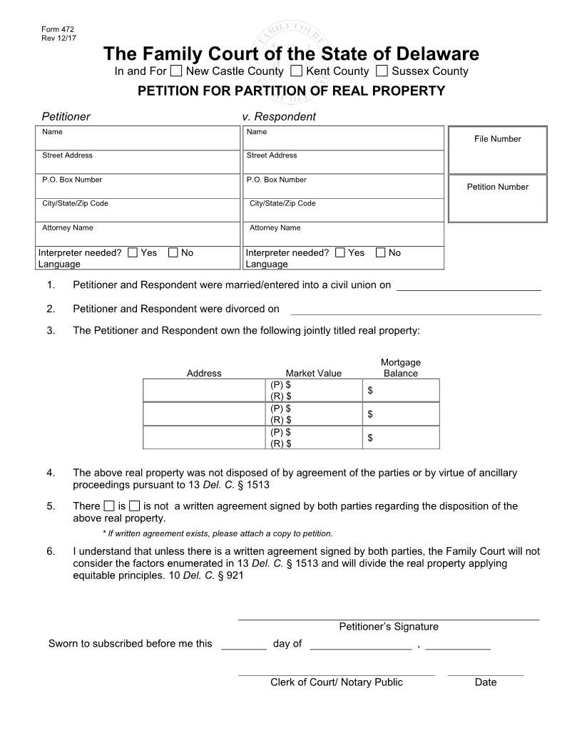 Petition For Partition {472} | Pdf Fpdf Doc Docx | Delaware