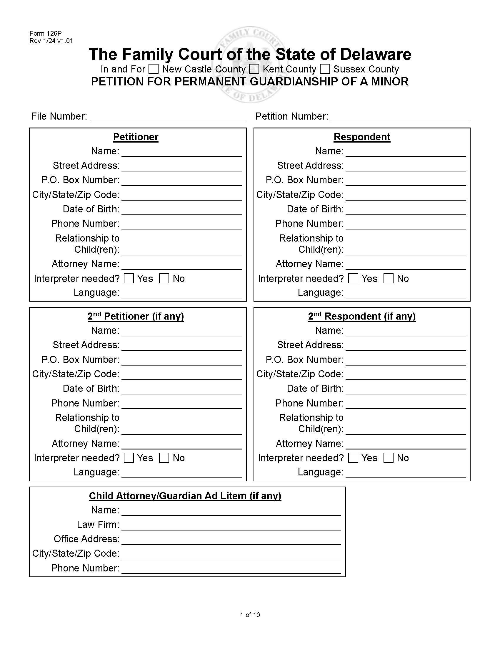 Petition For Permanent Guardianship Of A Minor {126P} | Pdf Fpdf Doc Docx | Delaware