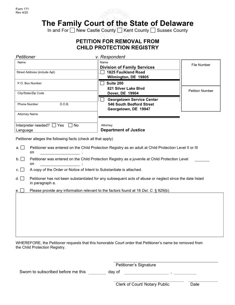 Petition For Removal From The Child Protection Registry {171} | Pdf Fpdf Doc Docx | Delaware