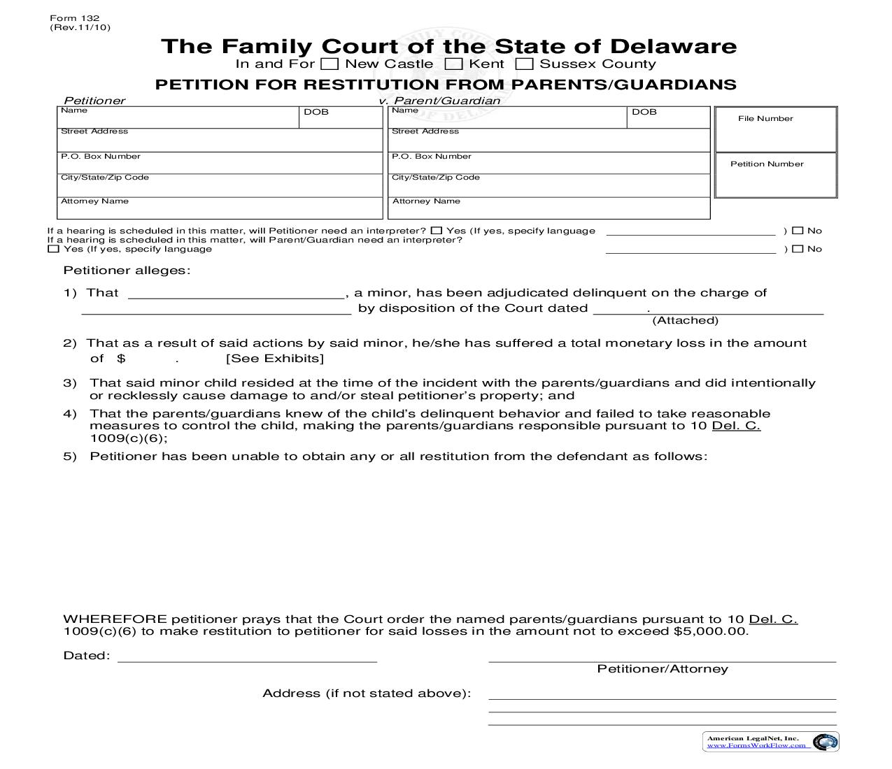 Petition For Restitution From Parents Or Guardians {132} | Pdf Fpdf Doc Docx | Delaware