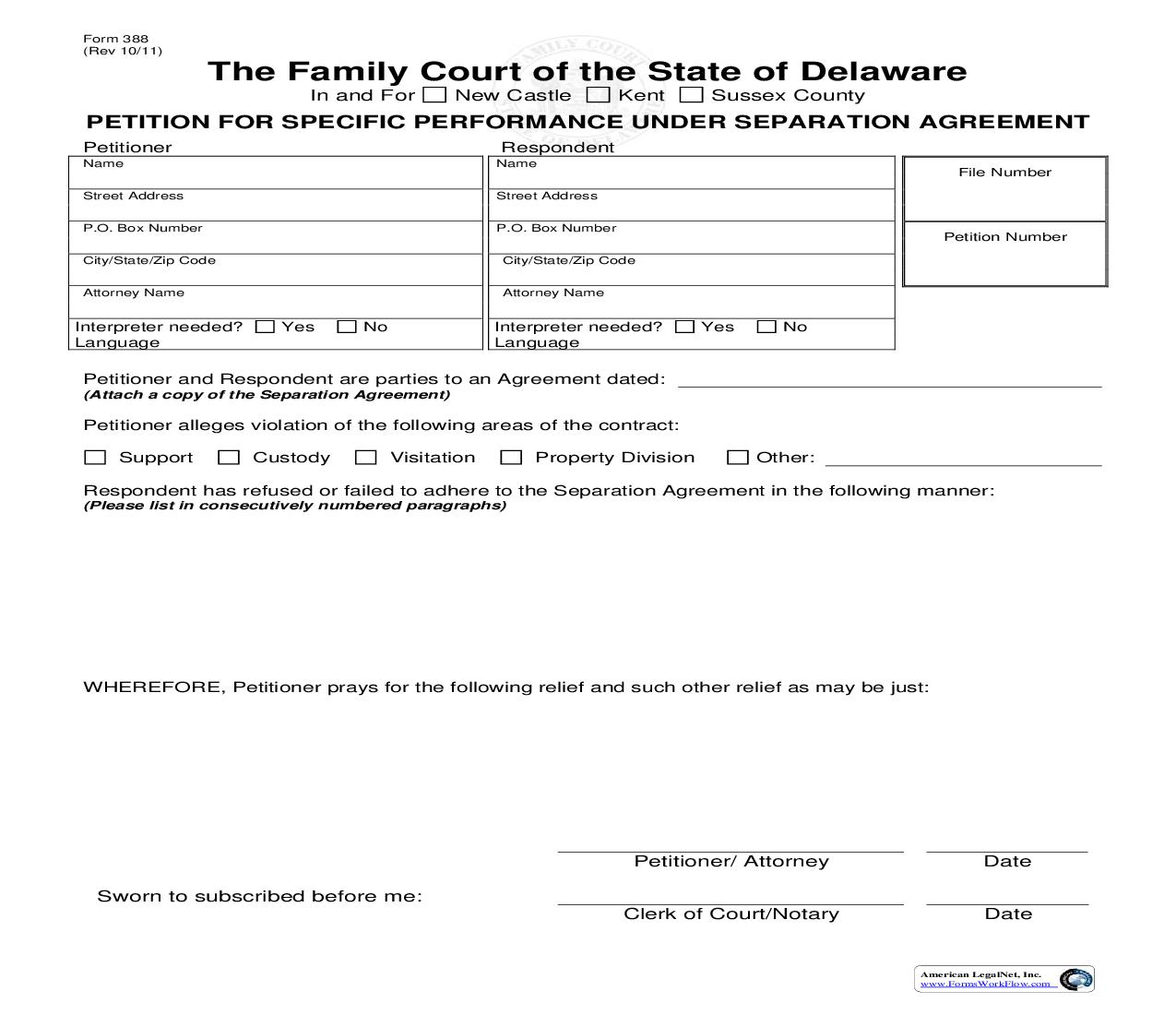 Petition For Specific Performance Under Separation Agreement {388} | Pdf Fpdf Doc Docx | Delaware