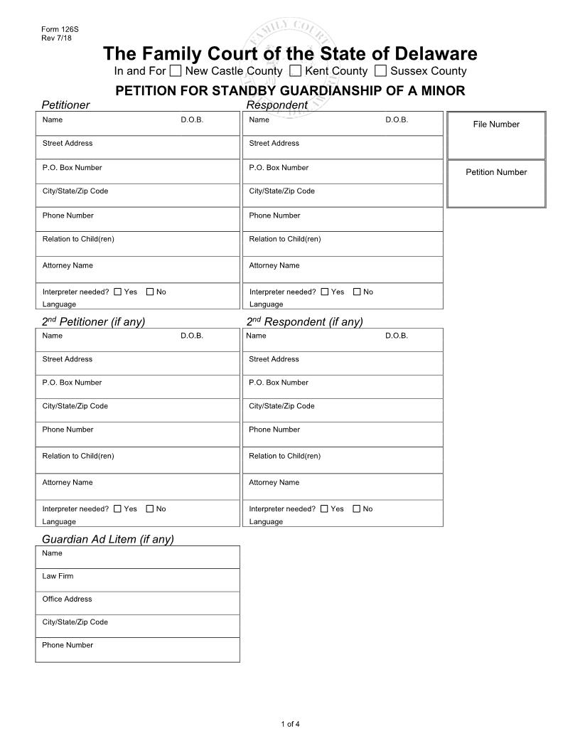 Petition For Standby Guardianship Of A Minor {126S} | Pdf Fpdf Doc Docx | Delaware