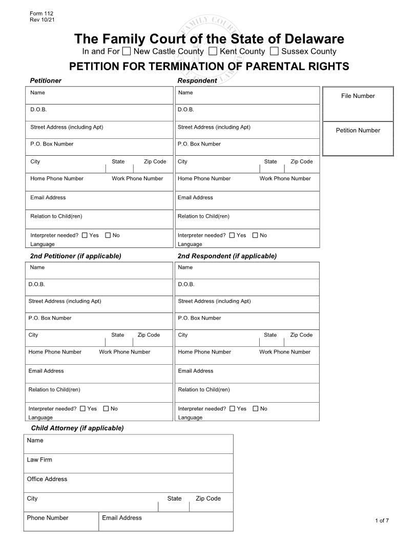Petition For Termination Of Parental Rights {112} | Pdf Fpdf Docx | Delaware