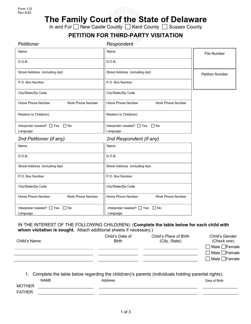 Petition For Third Party Grandparent Visitation {172} | Pdf Fpdf Doc Docx | Delaware
