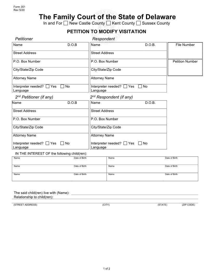 Petition To Modify Visitation {351} | Pdf Fpdf Doc Docx | Delaware