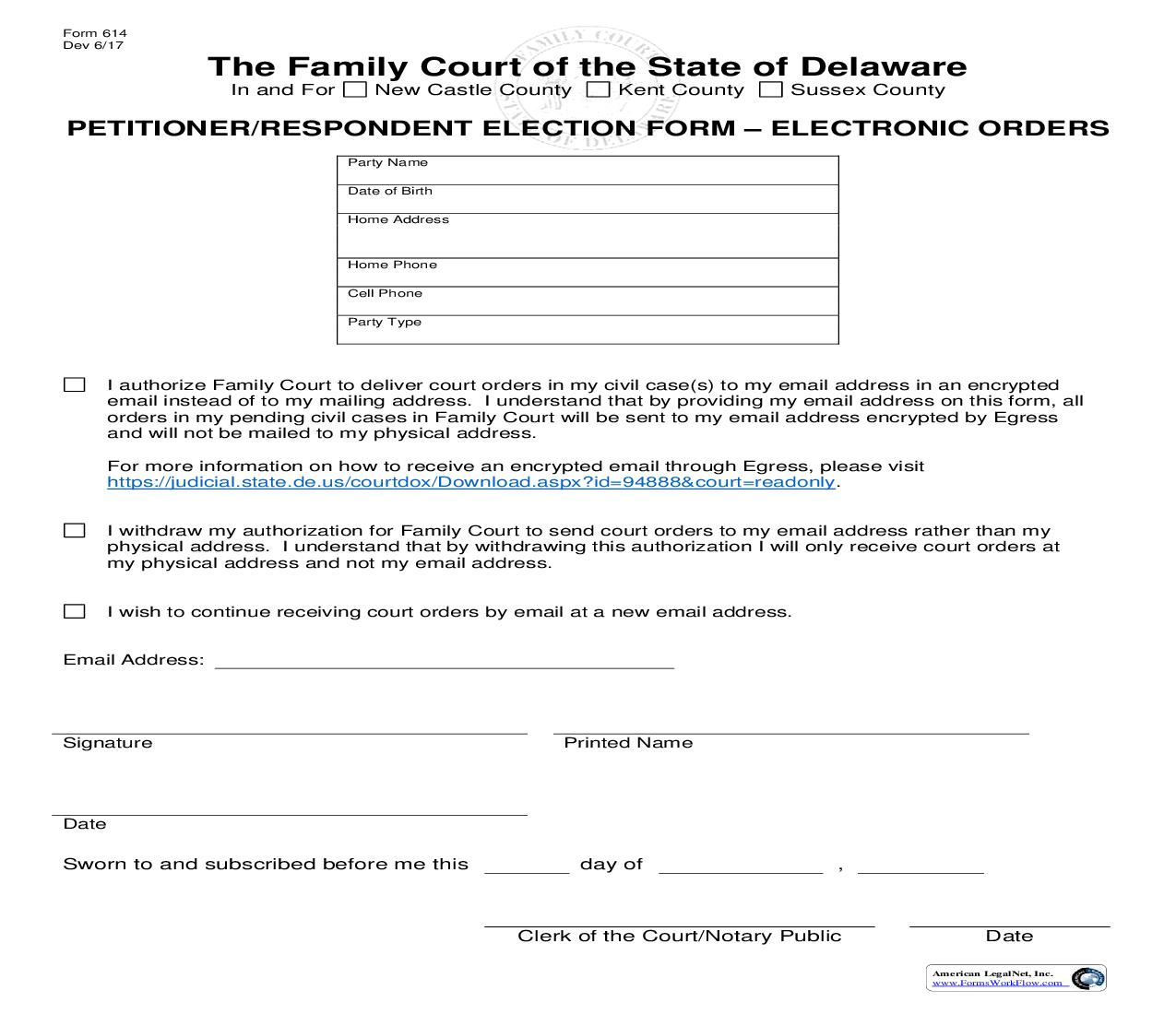 Petitioner-Respondent Election Form- Electronic Orders {614} | Pdf Fpdf Doc Docx | Delaware