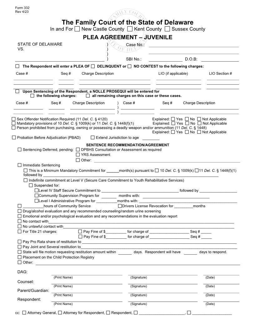 Plea Agreement-Juvenile {332J} | Pdf Fpdf Docx | Delaware