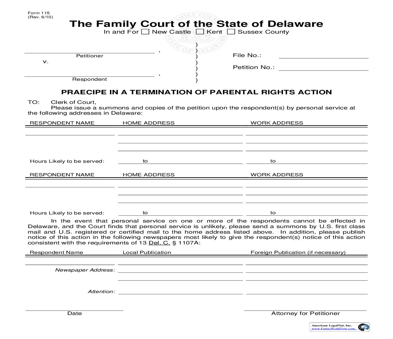 Praecipe In A Termination Of Parental Rights Action {115} | Pdf Fpdf Doc Docx | Delaware